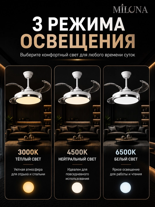 Люстра с вентилятором потолочная подвесная LED, 3 режима света, 6 скоростей вентилятора