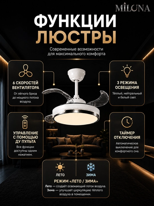 Люстра с вентилятором потолочная подвесная LED, 3 режима света, 6 скоростей вентилятора