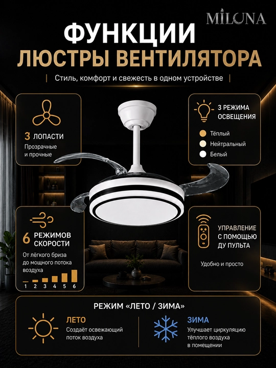 Люстра с вентилятором потолочная подвесная LED, 3 режима света, 6 скоростей вентилятора