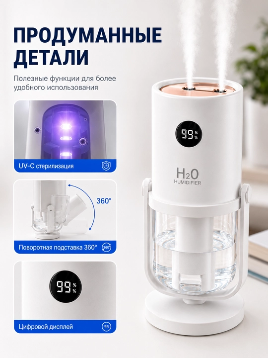 Настольный увлажнитель воздуха  320 мл, USB-C, двойное распыление, для офиса и спальни