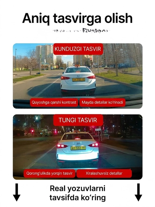 3 va 4 kamerali videoregistrator, G-sensor, zarba datchigi bilan jihozlangan