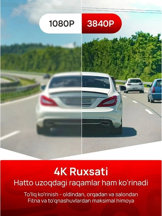3 va 4 kamerali videoregistrator, G-sensor, zarba datchigi bilan jihozlangan