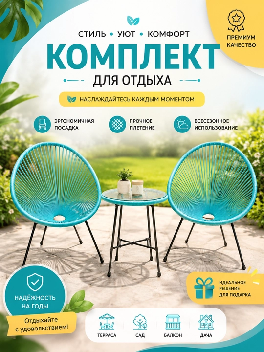 Комплект садовой мебели: 2 кресла и стол для террасы, балкона и сада - 