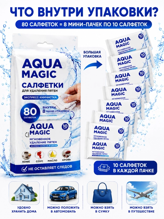Салфетки для удаления пятен Aqua Magic, 80 штук