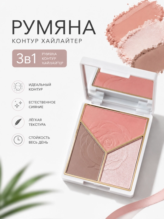 Палетка для лица 3 в 1: румяна, контур и хайлайтер для естественного макияжа - 