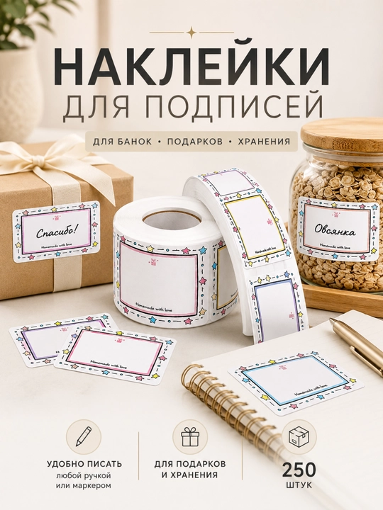 Наклейки для подписей 250 шт, стикеры для банок, контейнеров, подарков и хранения - 