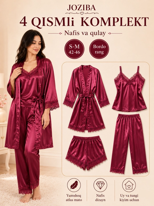 Ayollar uchun uy kiyimi, tungi kiyim, pijama va xalat, nafis va qulay set S–M / 42–46 - 