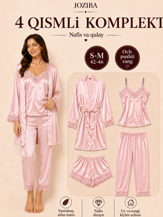 Ayollar uchun uy kiyimi, tungi kiyim, pijama va xalat, nafis va qulay set S–M / 42–46 - 