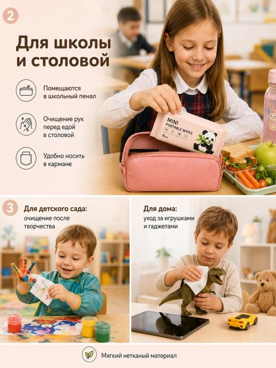 Yirui Mini bolalar nam salfetkalari, to'plam 64 dona (8 ta paket) maktab va bog'cha uchun
