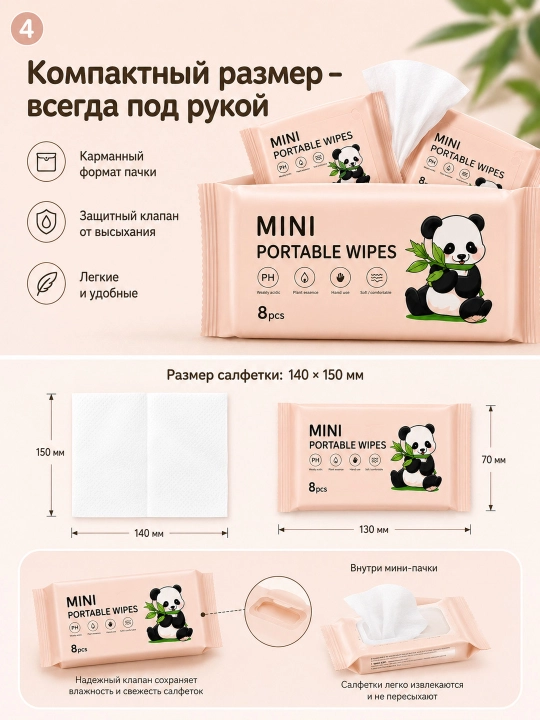 Yirui Mini bolalar nam salfetkalari, to'plam 64 dona (8 ta paket) maktab va bog'cha uchun