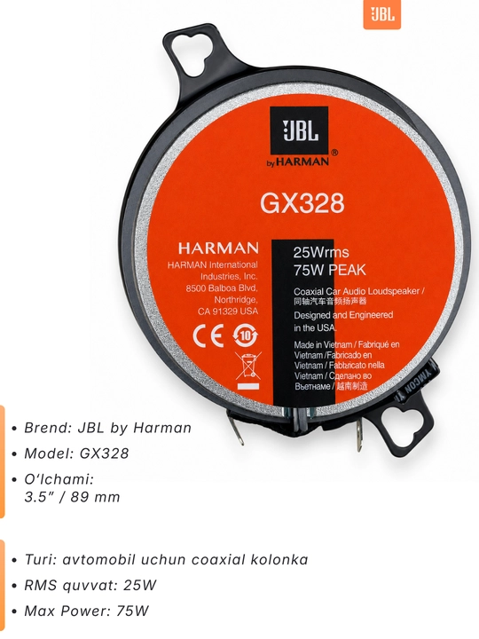 Автомобильные колонки JBL GX328, 3.5 дюйма, 2 шт, 25 Вт RMS