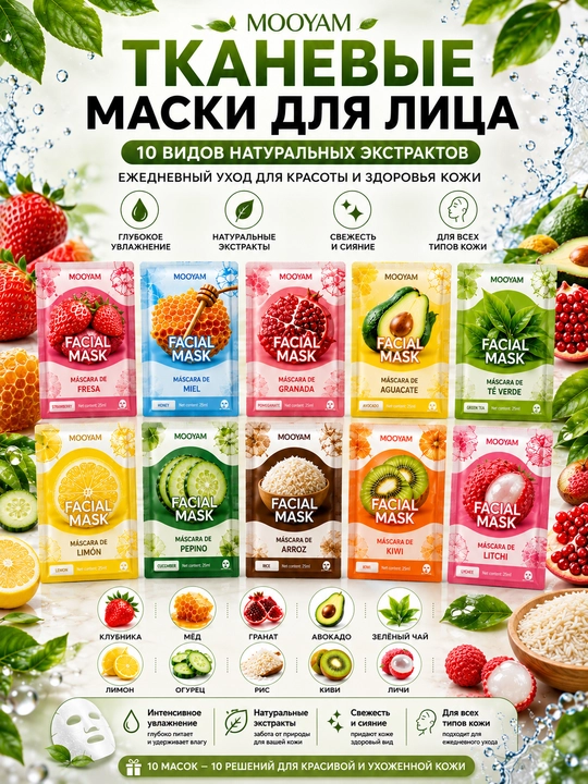 Тканевая маска для лица MOOYAM с натуральными экстрактами, увлажнение и уход, 10 видов - 