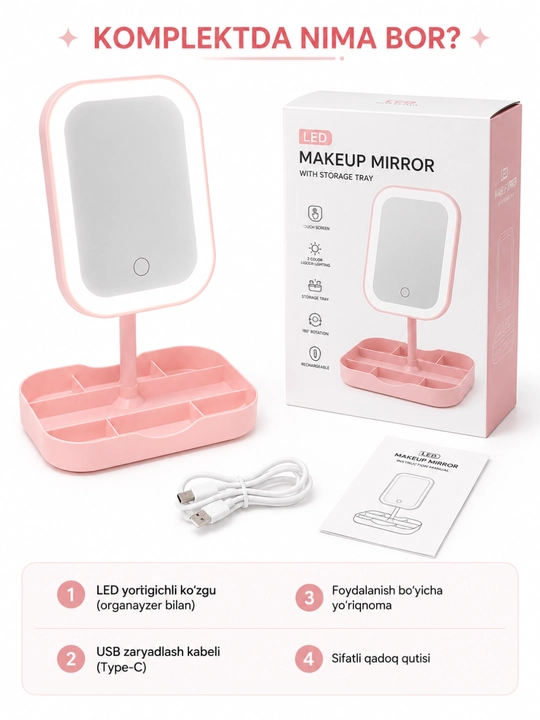 LED sensorli makiyaj oynasi USB zaryadli 3 xil yorug'likli aylanuvchi oyna