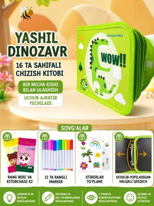 Kitobli doska, yozish uchun daftar, yozib o'chiradigan daftar, daftar to'plami, o'yinchoq - 