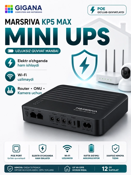 MARSRIVA KP5 Max Mini DC UPS 64Wh – LiFePO4, PoE, USB-C, Router va ONU uchun - 