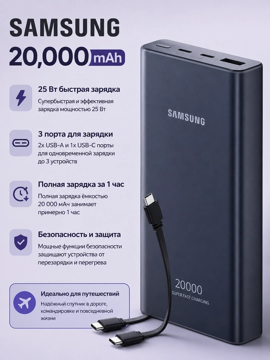 SAMSUNG tashqi akkumulyatori 20000 mAh, usb tez zaryadlash, pd tez zaryadlash 25 Vt - 