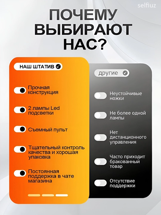 Штатив для телефона, 170 см, 4 в 1, 2 LED фонаря и Bluetooth: монопод, селфи-палка, stick