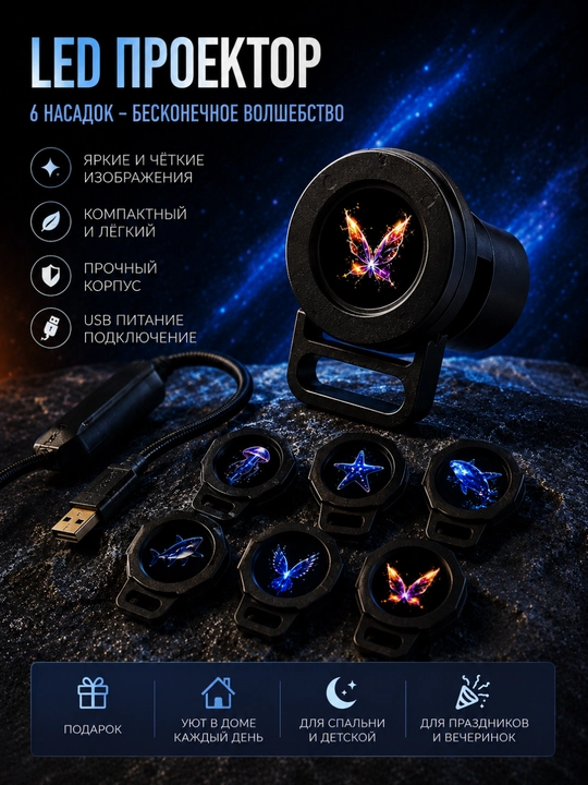 Проектор ночник LED Мини -с 6 сменными картриджами USB | Волшебные проекции для дома