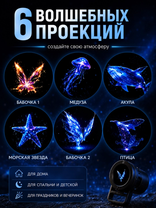 Проектор ночник LED Мини -с 6 сменными картриджами USB | Волшебные проекции для дома