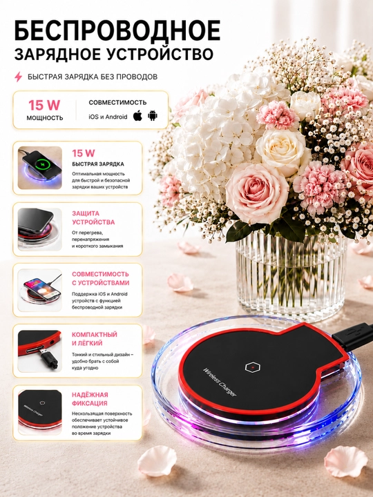 Беспроводное зарядное устройство Qi 15W с USB-C - 