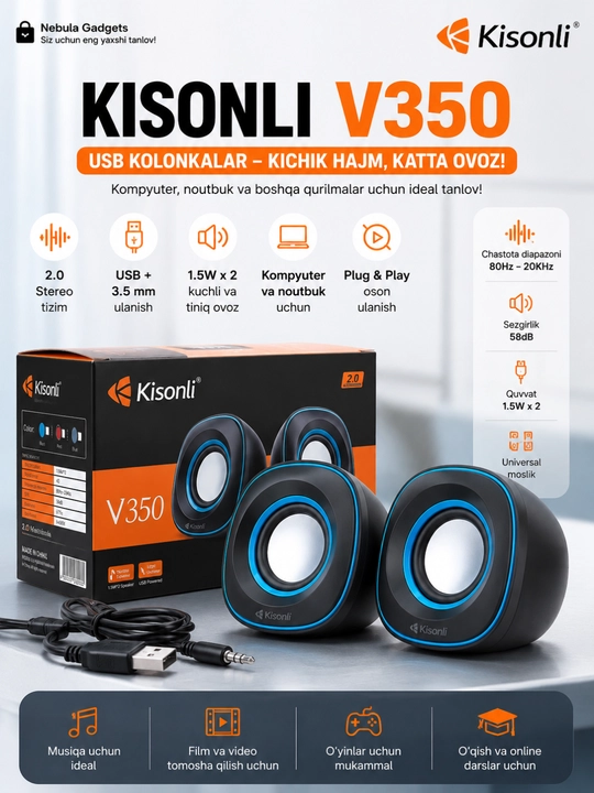 Колонки для компьютера Kisonli V350, USB колонки, мини акустика