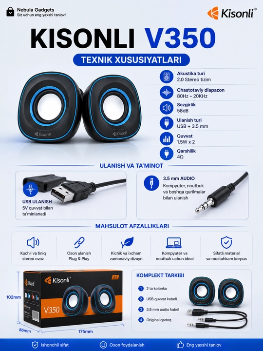 Колонки для компьютера Kisonli V350, USB колонки, мини акустика - 