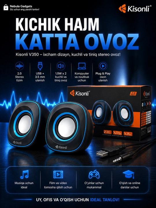 Колонки для компьютера Kisonli V350, USB колонки, мини акустика