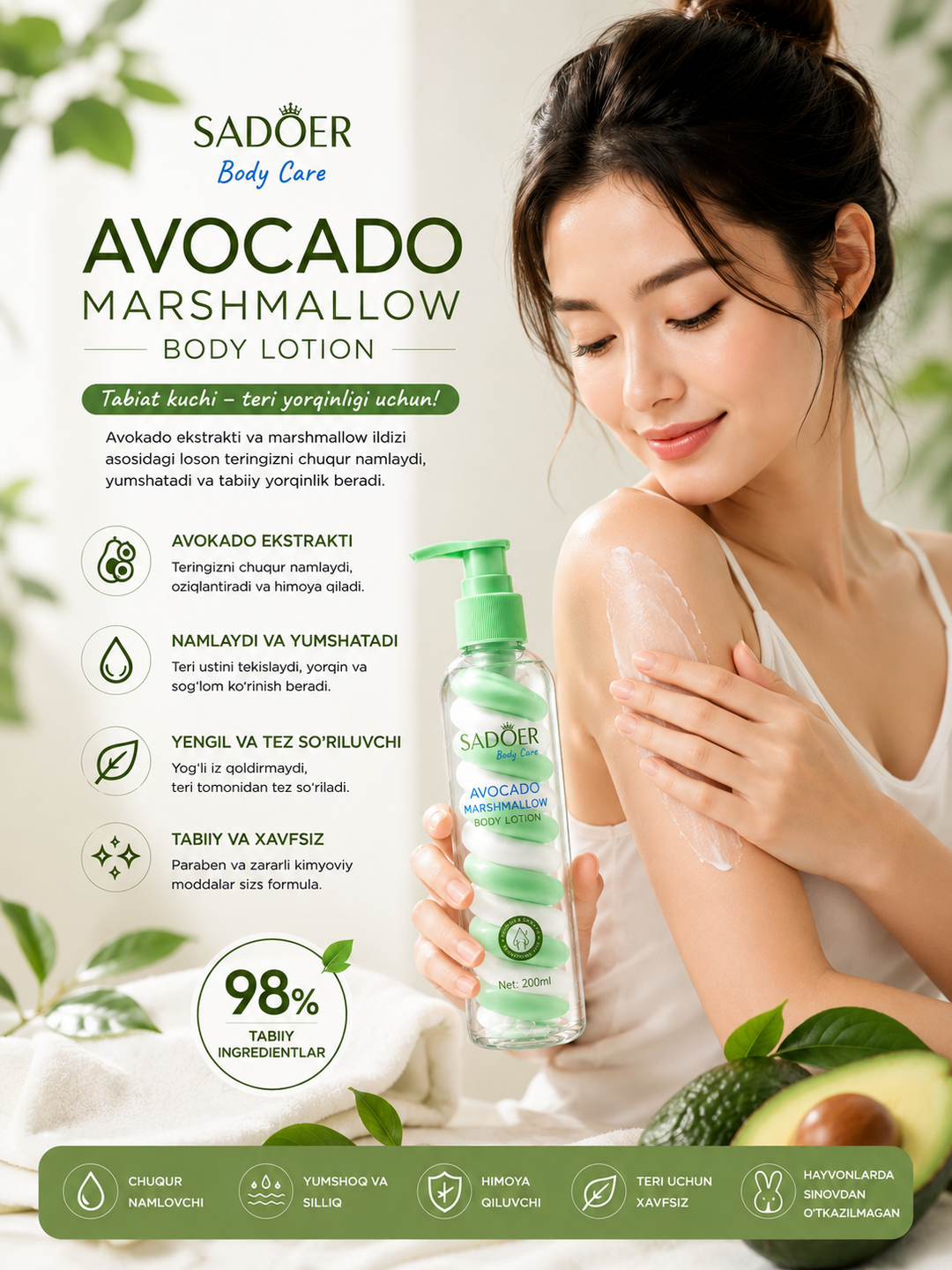 Лосьон для тела SADOER Avocado Marshmallow Body Lotion, 200 мл