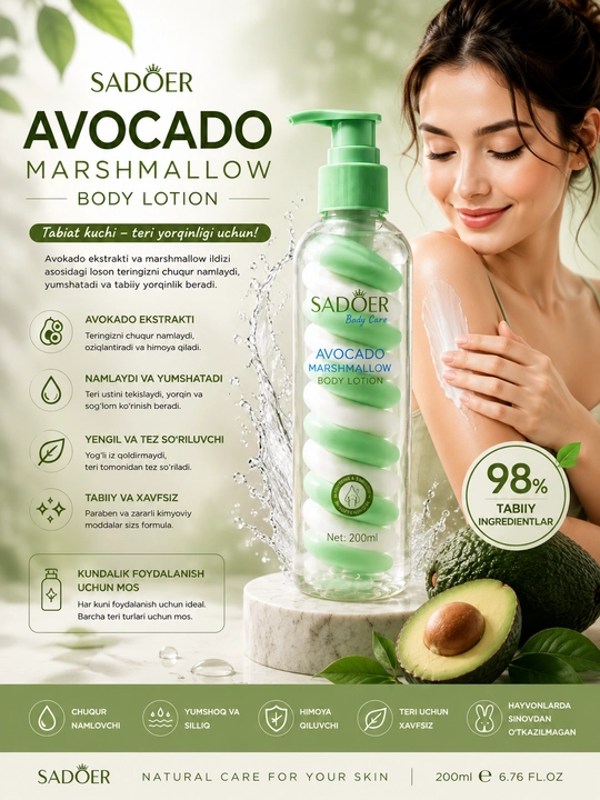 Лосьон для тела SADOER Avocado Marshmallow Body Lotion, 200 мл - 