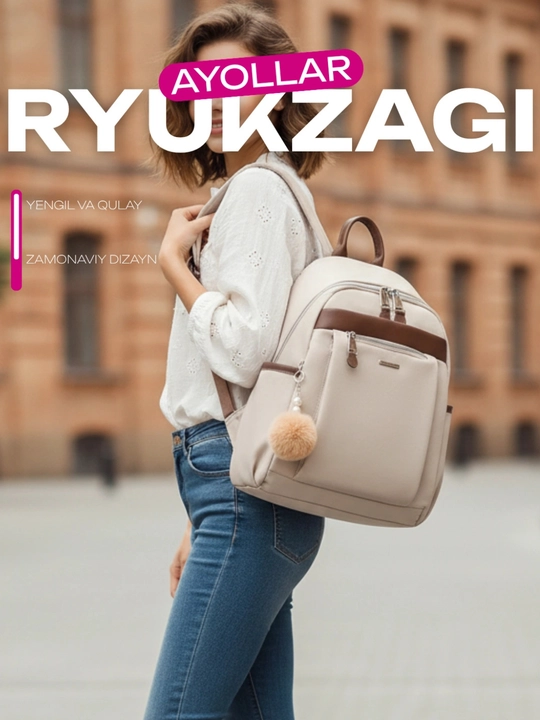 Ayollar sumka-ryukzaki, brelok bilan, maktab, kundalik va sayohat uchun, suv o'tkazmaydi