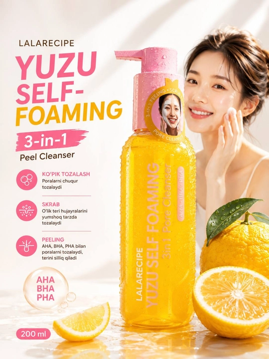 Пенка для умывания, 3 в 1, Lalarecipe Yuzu Self Foaming Peel Cleanser