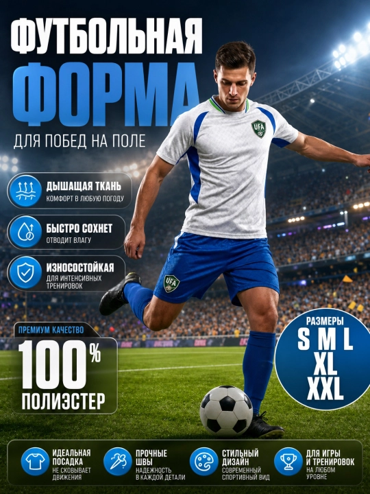 Футбольная форма сборной Узбекистана 2026, (Размеры, S, M, L, XL, XXL) белая, синяя - 