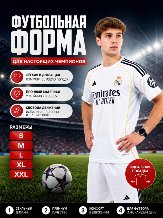 Футбольная форма, Real madrid, Размеры, S, M, L, XL, XXL - 
