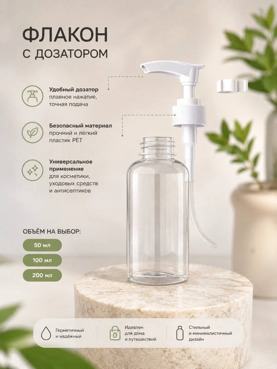 Флакон с дозатором прозрачный пластиковый для жидкого мыла, антисептика 50мл 100мл 200мл