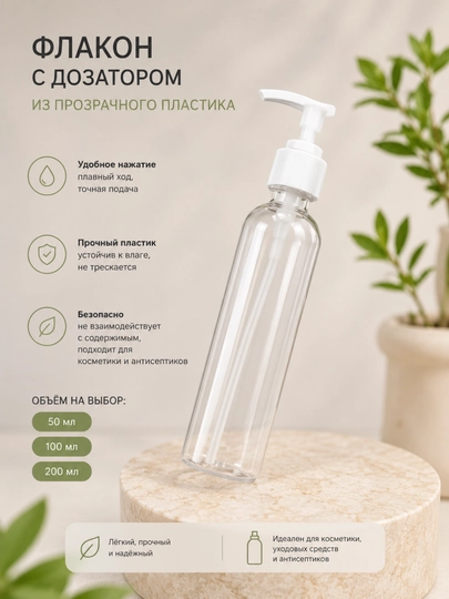 Флакон с дозатором прозрачный пластиковый для жидкого мыла, антисептика 50мл 100мл 200мл