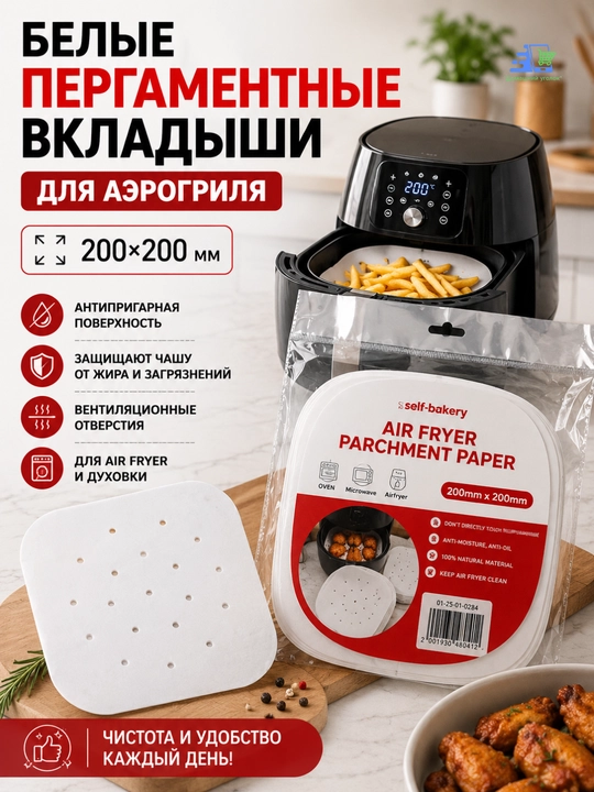 Aerogril uchun qog‘oz vkladishlar, 20,5×20,5/23x23 sm, teshikli, 50 dona, kuyishga qarshi - 