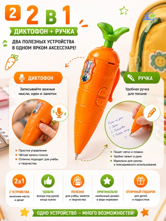 Диктофон ручка Морковка Зверополис 2, игрушка для записи голоса детям