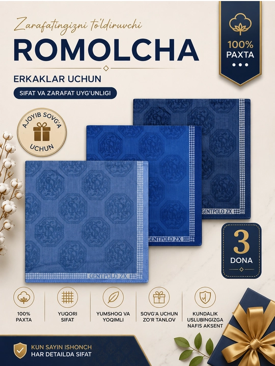 Мужские носовые платки, размер: 42×42 см, в комплекте 3 штуки - 