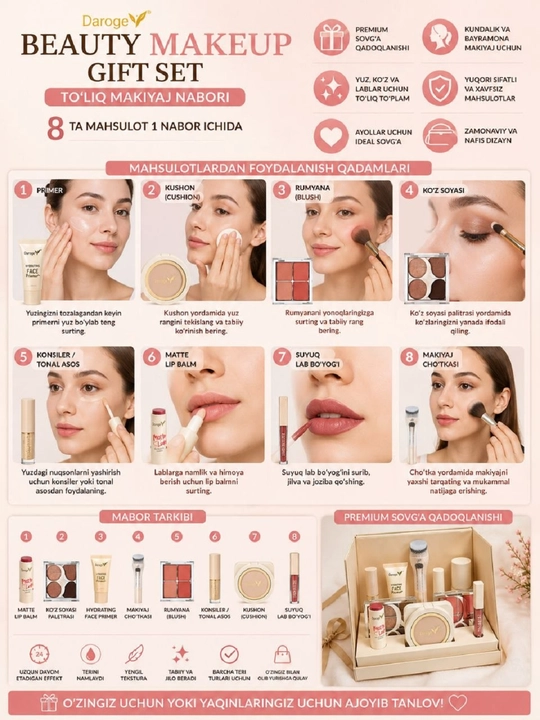 Daroge Beauty Makeup Gift Set – to‘liq makiyaj nabori (8 ta mahsulot)