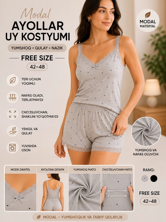Женский домашний комплект из модала, майка и шорты, Free Size - 
