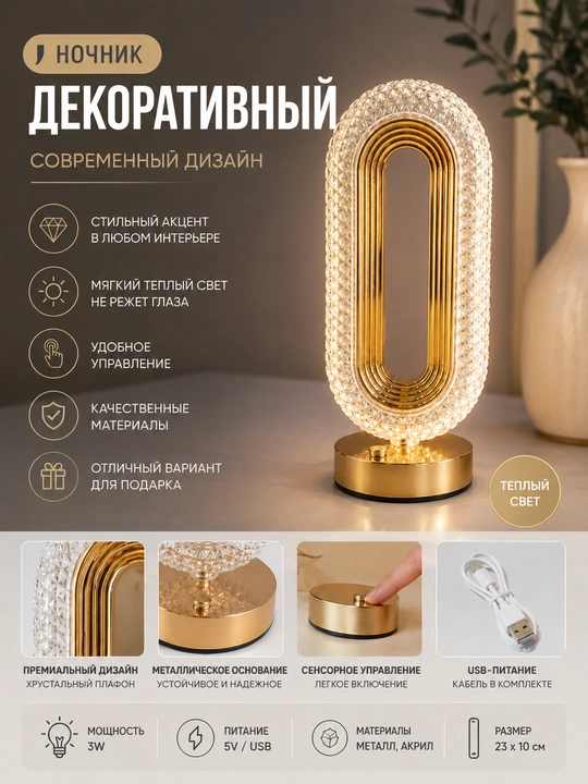 Настольная LED лампа с тёплым светом, декоративная лампа для дома и спальни - 