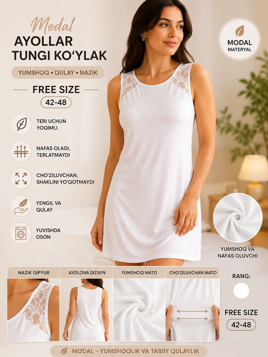 Ayollar uchun modal matodan uy tunikasi, Freesize - 