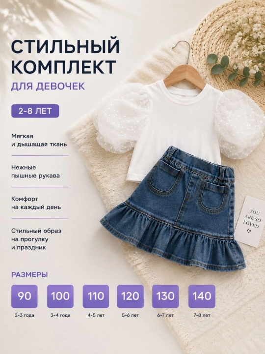Qizchalar uchun yozgi kofta va djinsi yubka
