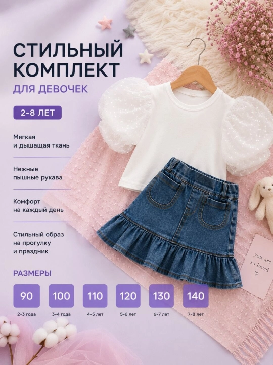 Qizchalar uchun yozgi kofta va djinsi yubka