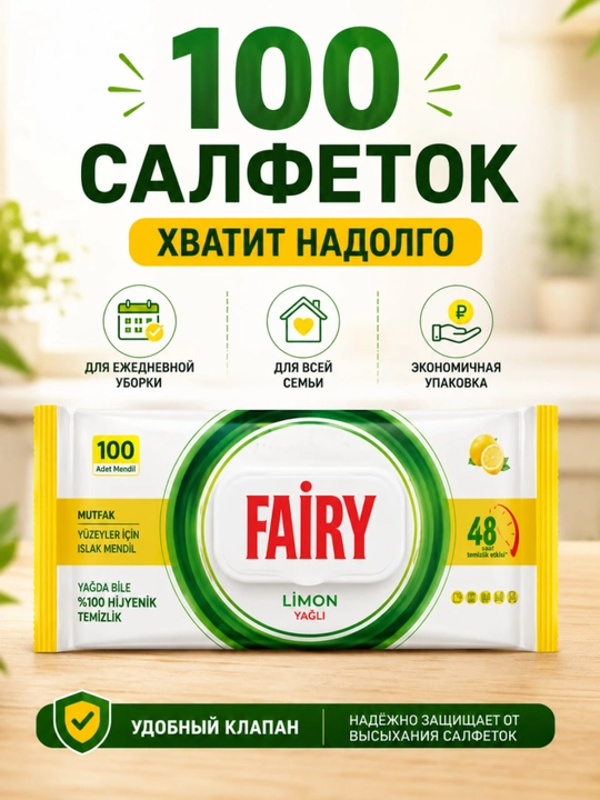 FAIRY Уксусные влажные салфетки для кухни, антижир, с разными ароматами, 100 штук