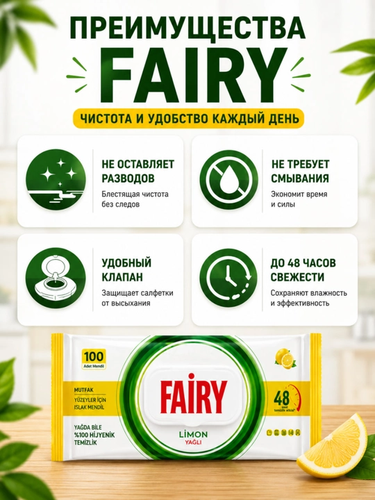FAIRY Уксусные влажные салфетки для кухни, антижир, с разными ароматами, 100 штук