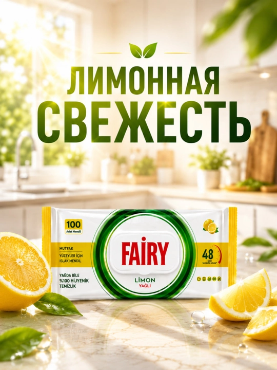 FAIRY Уксусные влажные салфетки для кухни, антижир, с разными ароматами, 100 штук