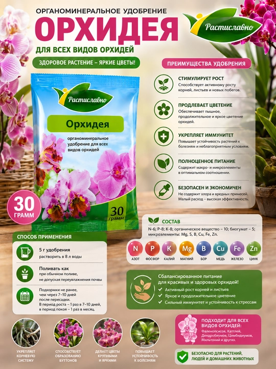 Orxideya uchun organomineral o‘g‘it Rастиславно 30 g gullash ildiz o‘sish ozuqa
