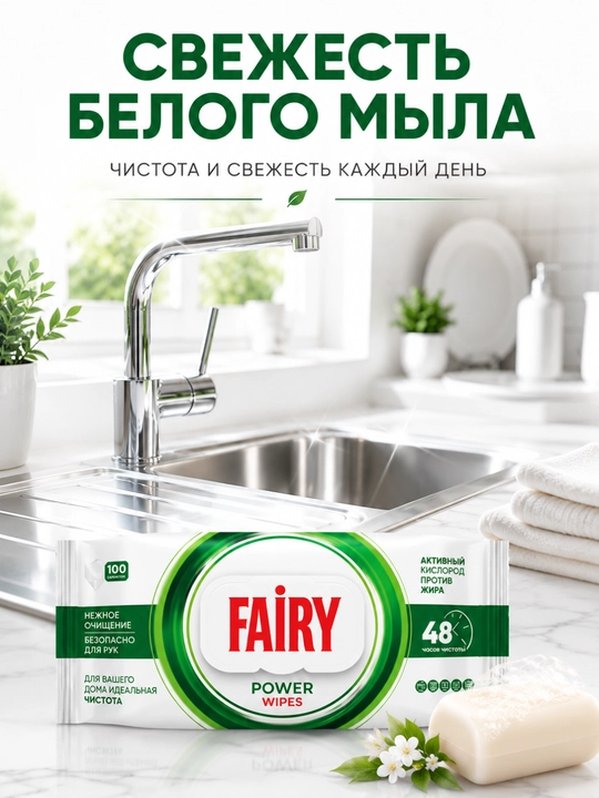 FAIRY Уксусные влажные салфетки для кухни, антижир, с разными ароматами, 100 штук