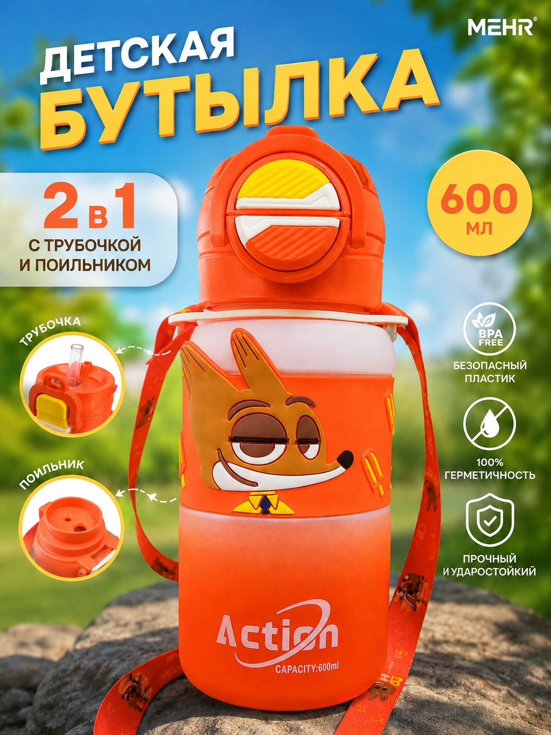 Детская бутылка для воды 2 в 1, 600 мл, с трубочкой и ремешком, зверополис - 